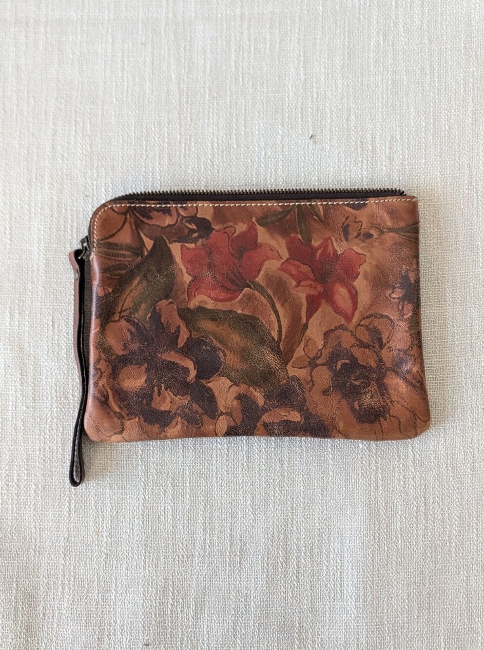 Patricia Nash Brown Floral Leather Wristlet Clutch with Red Accents